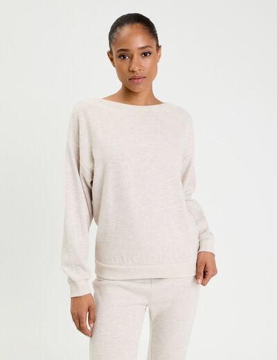 Sweat duveteux col rond manches longues sable femme