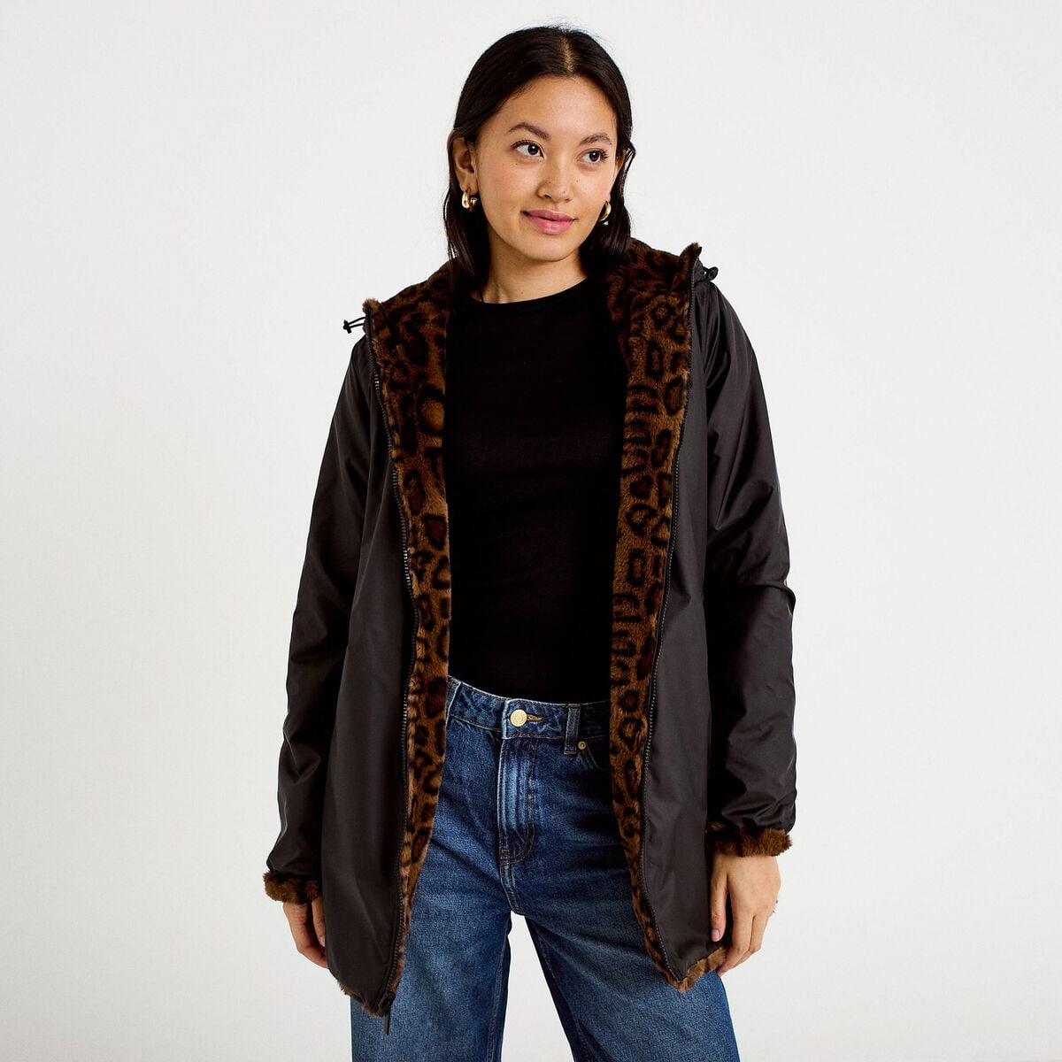 Parka r&eacute;versible 3/4 &agrave; capuche noir femme