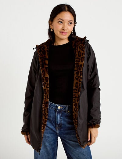 Parka r&eacute;versible 3/4 &agrave; capuche noir femme