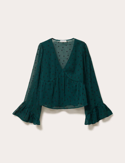 Blouse brod&eacute;e volant&eacute;e vert fonc&eacute; femme