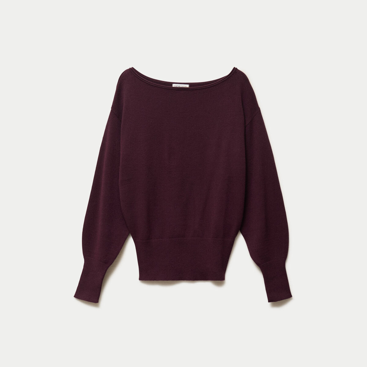 Pull oversize col bateau manches longues prune femme