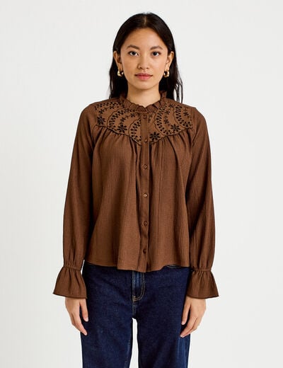 Blouse droite manches longues pliss&eacute;e marron femme