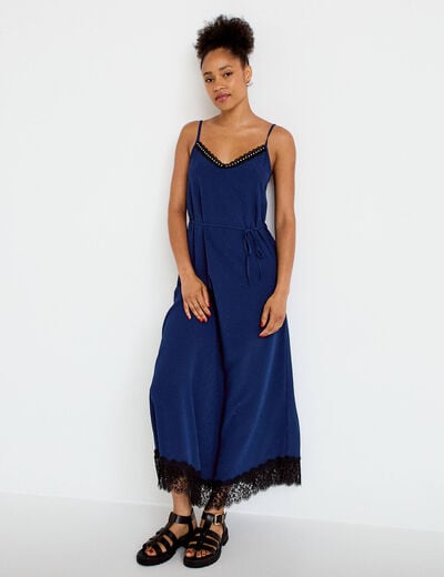 Robe longue &eacute;vas&eacute;e col v dentelle bleu marine femme