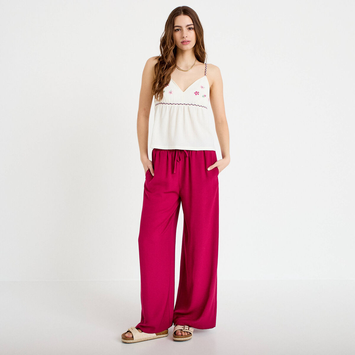 Pantalon large fluide rouge femme