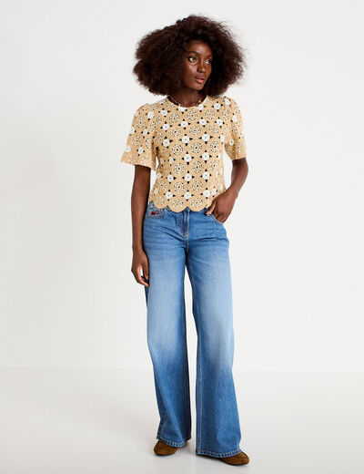 T-shirt manches courtes aspect dentelle sable femme