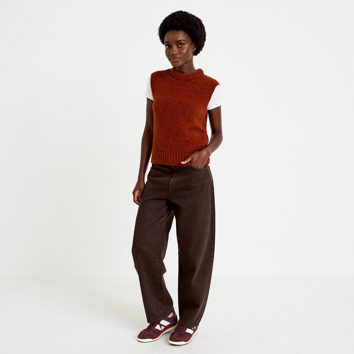 Pull sans manches marron cognac femme