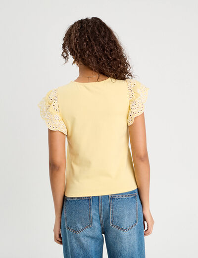 T-shirt manches brodées jaune clair femme