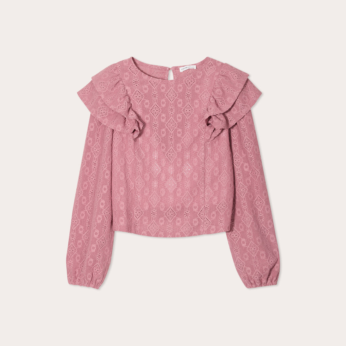Blouse brodée avec volants vieux rose femme