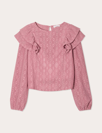 Blouse brodée avec volants vieux rose femme
