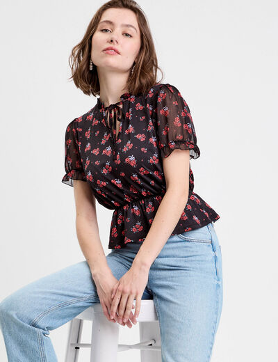Blouse col V manches courtes noir femme