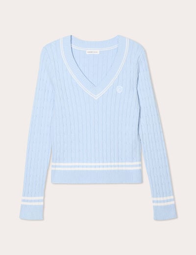 Pull manches longues torsades bleu pastel femme
