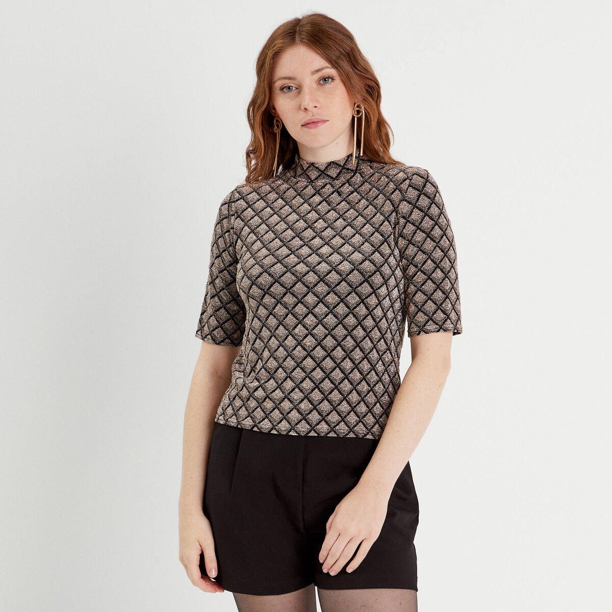 T-shirt col montant beige femme
