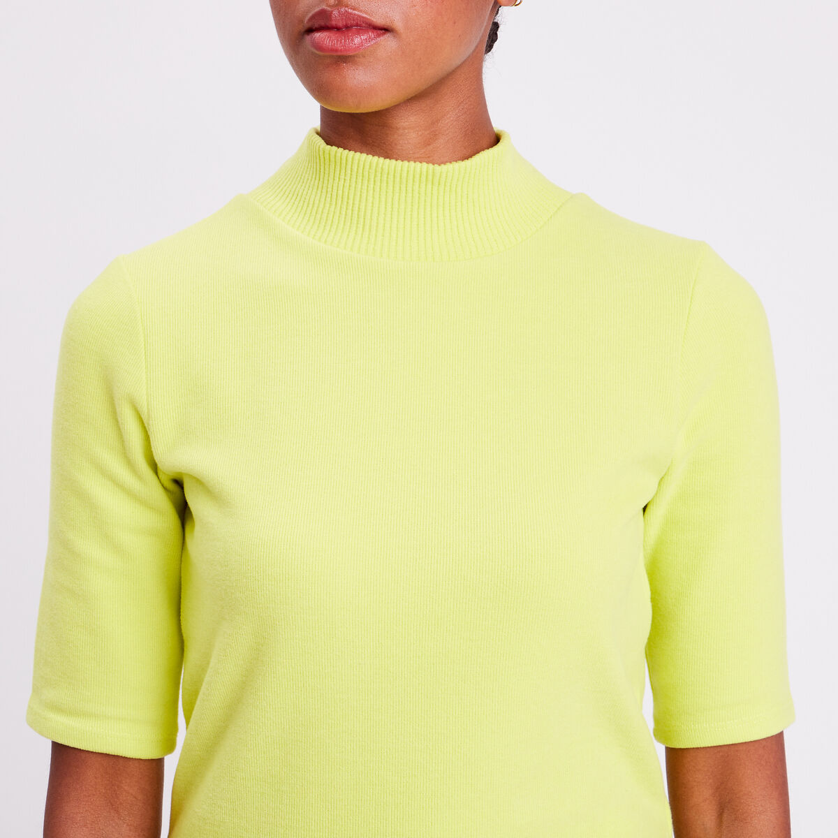 T-shirt côtelé col montant jaune citron femme
