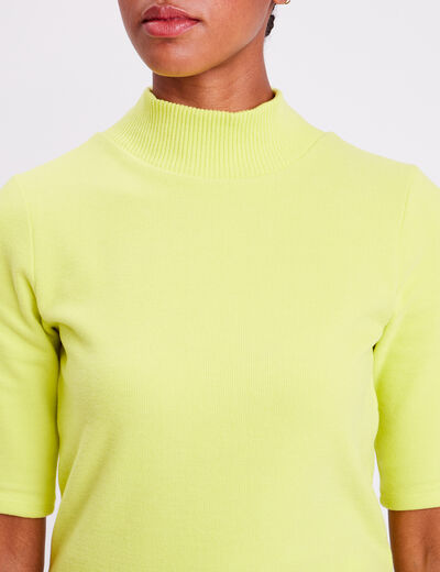 T-shirt côtelé col montant jaune citron femme