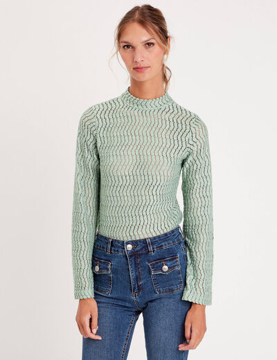 T-shirt ajouré col montant vert pastel femme