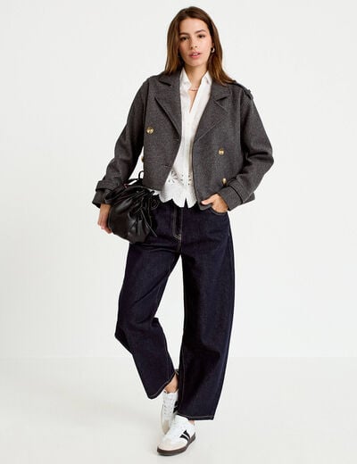 Trench court boutonn&eacute; gris femme