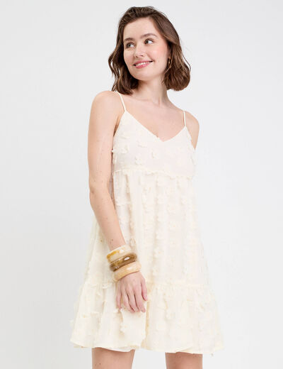 Robe courte évasée col v à bretelles ecru femme