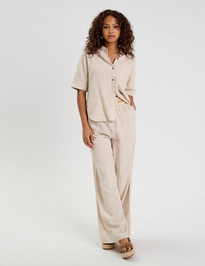 Pantalon large ceinturé contenant du lin beige femme