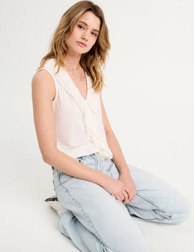 Blouse volants sans manches ecru femme