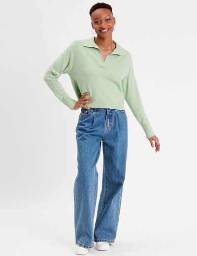 Pull col polo vert kaki femme