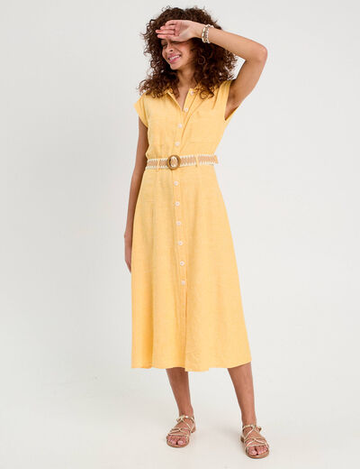 Robe chemise midi contenant du lin jaune femme