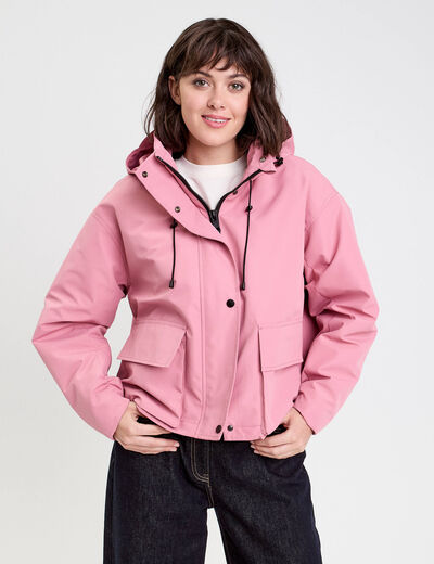 Veste courte bas resserré à capuche rose clair femme