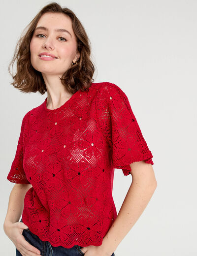 T-shirt dentelle macramé rouge femme