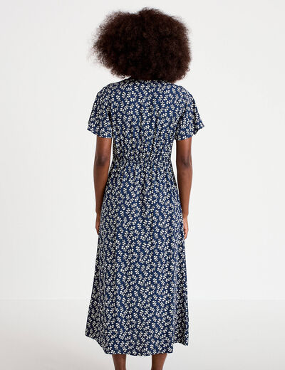 Robe longue &eacute;vas&eacute;e col v dentelle bleu marine femme