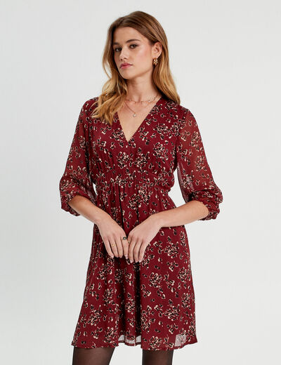 Robe évasée manches 3/4 bordeaux femme