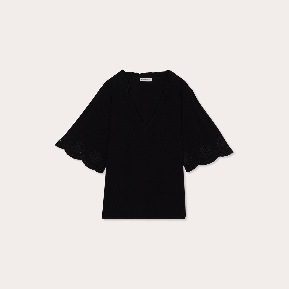 Blouse manches courtes brodée noir femme