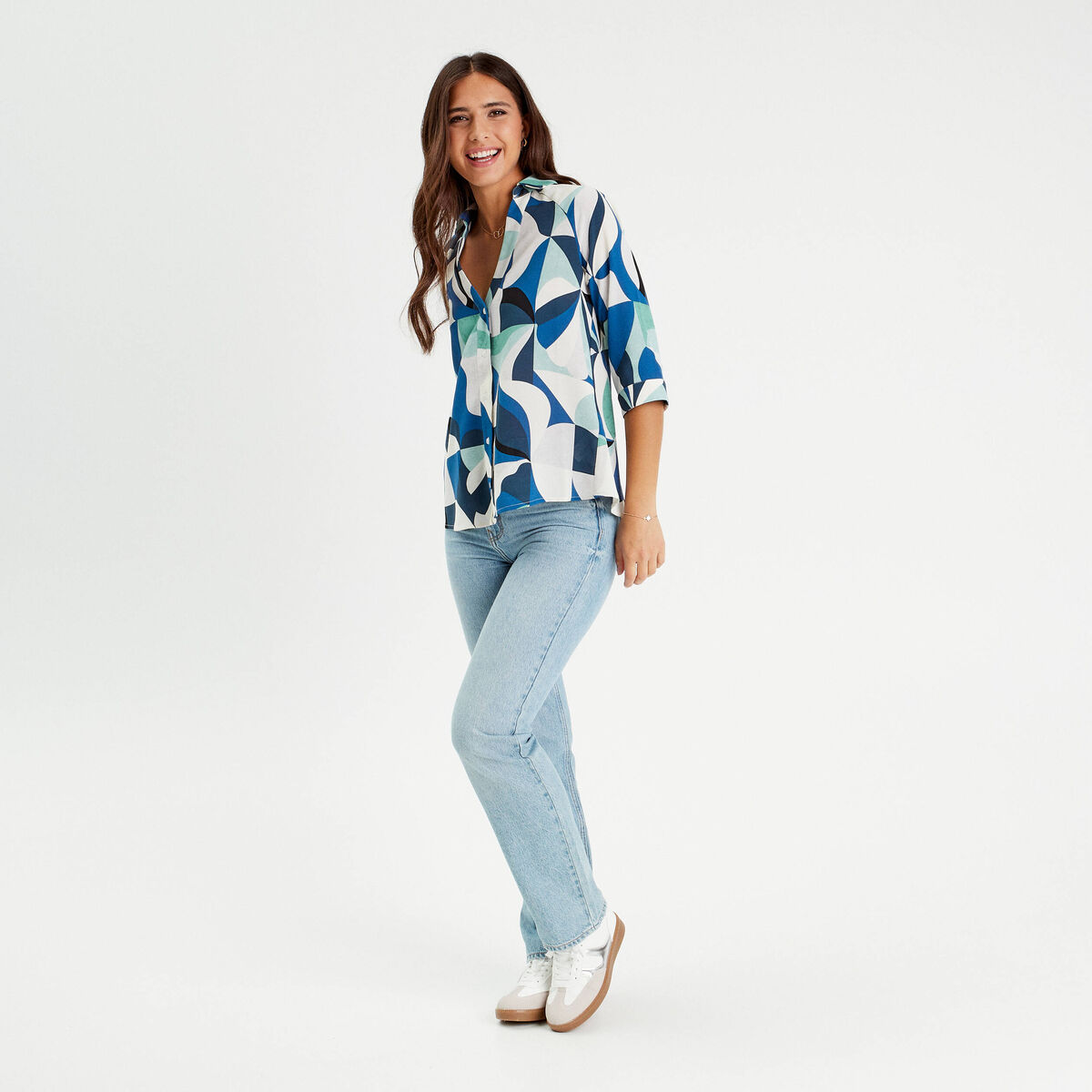 Chemise manches 3/4 bleu femme