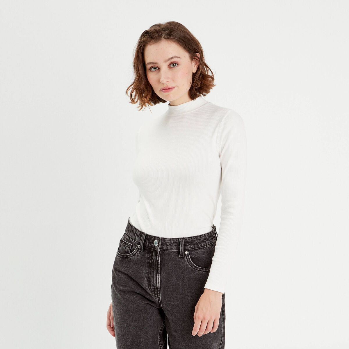 T-shirt manches longues côtelé ecru femme