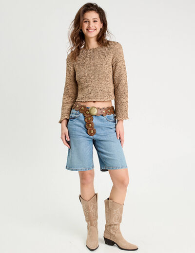 Pull col bateau ajouré beige femme