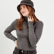 Pull col roulé côtelé gris foncé femme