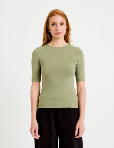 T-shirt ajust&eacute; col rond manches courtes vert kaki femme