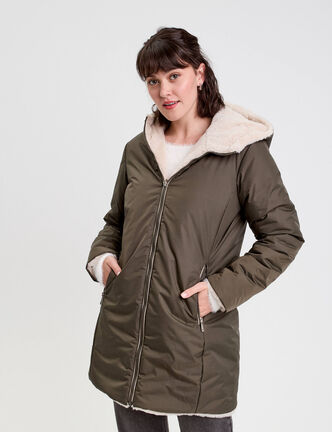 Parka r&eacute;versible &agrave; capuche vert kaki femme