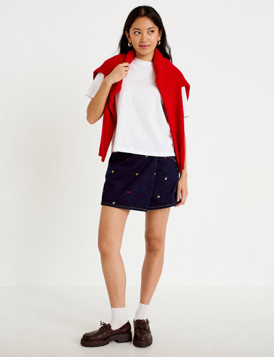 Jupe-short trap&egrave;ze en jean bleu marine femme