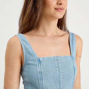 Robe chasuble trapèze en jean denim bleach femme