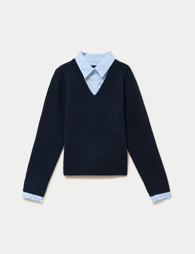 Pull col chemise manches longues bleu marine femme