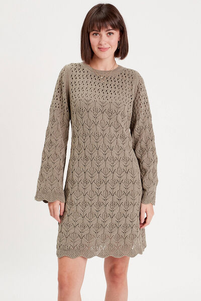 Robe pull droite crochet vert kaki femme