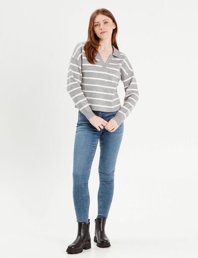 Pull manches longues col polo gris clair femme