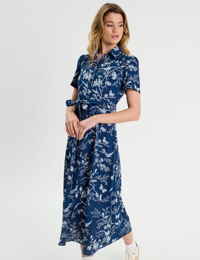 Robe chemise longue ceinturée bleu marine femme