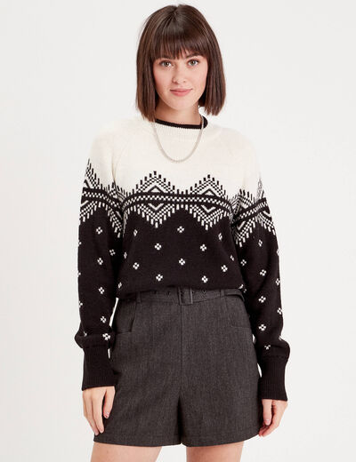 Pull manches longues col rond noir femme