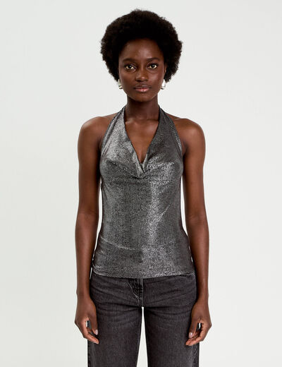 Top ajust&eacute; sans manches col b&eacute;nitier gris argent femme