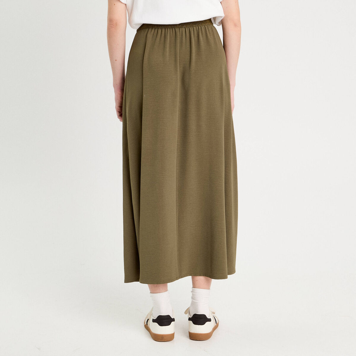 Jupe longue &eacute;vas&eacute;e fluide vert kaki femme