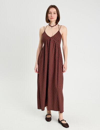 Robe longue évasée bretelles marron cognac femme