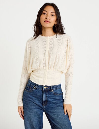 Gilet cintr&eacute; dentelle col rond ivoire femme