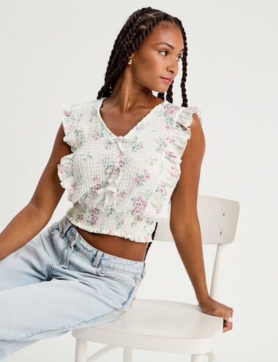 Blouse sans manches volants blanc femme