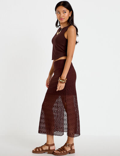 Jupe longue droite en dentelle marron femme
