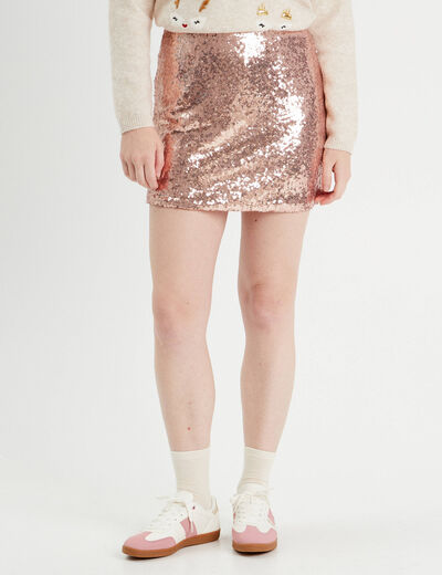 Jupe-short droite sequins rose champagne femme